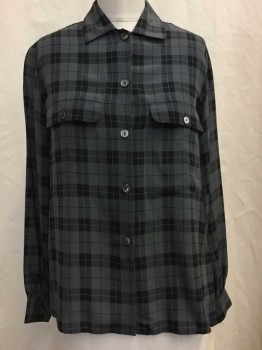 Carole Little, Graphite Gray, Black, Silk, Plaid, Button Front, Collar Attached,  Long Sleeves, 2 Flap Pockets