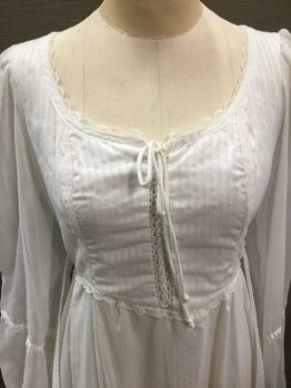 GUNNE SAX, White, Cotton, Lace, Stripes, Self Stripe Plain Weave Cotton, Long  Puffy Sleeves Are Sheer, Scoop Neck, Scallopped Lace Trim Throughout, Floor Length Hem, Lace & Self Ruffle At Hem, Cord "Lace Up" Detail At Neck, Center Back Zipper,  Late 1970's, Double