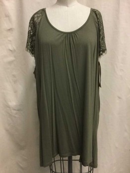 LANE BRYANT, Olive Green, Synthetic, Spandex, Solid, Olive Green, Scoop Neck with Gathered Center, Sheer Lace Short Sleeves,