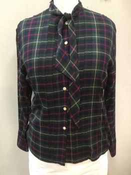 RALPH LAUREN, Dk Green, Navy Blue, Red, Yellow, Lt Blue, Rayon, Plaid, Long Sleeve Button Front, Stand Collar with Long Self Ties "Pussy Bow", Pleated Panel at Front Near Button Placket