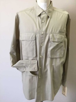 EXOFFICIO, Khaki Brown, Poly/Cotton, Solid, Long Sleeves, Collar Attached, Button Front, Velcro Patch Pockets