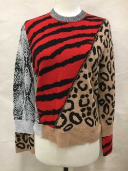 Womens, Pullover, ZADIG & VOLTAIRE, Tan Brown, Black, Red, Silver, Heather Gray, Wool, Cashmere, Animal Print, Small, Long Sleeves, Crew Neck, Animal Print Patchwork, Silver Collar