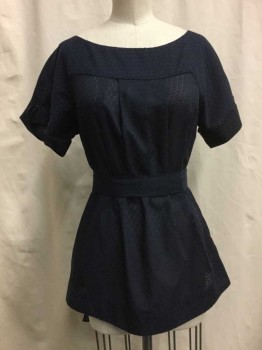 FRENCH CONNECTION, Navy Blue, Polyester, Cotton, Floral, Sheer Navy, Self Floral Print, Cuffed Short Sleeves, Self Belt, Pleated Front