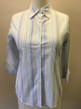 Womens, Blouse, CHARTER CLUB, Lt Blue, White, Periwinkle Blue, Beige, Cotton, Stripes - Vertical , 10, White with Light Blue/Periwinkle/Beige Vertical Stripes of Assorted Widths, 3/4 Sleeve Button Front, Collar Attached