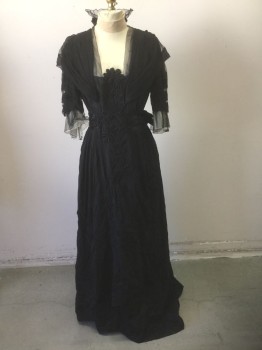 Womens, Evening Dress 1890s-1910s, N/L, Black, Silk, Floral, Solid, W:28, B:34, Crepe with Floral Trapunto Quilting, Black Tulle Net Shoulders and 3/4 Sleeves, Cream Net Panel at Bust with Beige Net Stand Collar, Pleated Satin Waistband, Floor Length Hem,
