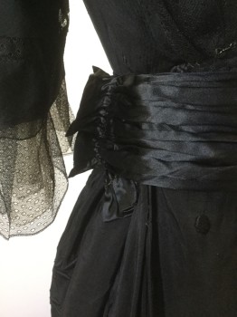 Womens, Evening Dress 1890s-1910s, N/L, Black, Silk, Floral, Solid, W:28, B:34, Crepe with Floral Trapunto Quilting, Black Tulle Net Shoulders and 3/4 Sleeves, Cream Net Panel at Bust with Beige Net Stand Collar, Pleated Satin Waistband, Floor Length Hem,
