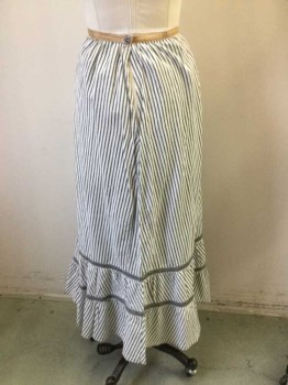 MTO, Gray, White, Cotton, Stripes, Gathered Waistband, Button Back with Open Fly, Lt Brown Waistband, Solid Gray Stripes at Ruffle Hems, Alternating Diagonal Stripe Ruffles,