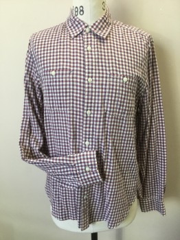 Mens, Casual Shirt, GAP, White, Navy Blue, Red, Cotton, Gingham, 36, 16, Long Sleeves, Collar Attached, Button Front, 2 Pockets,