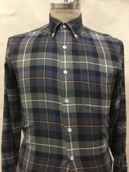 JCREW, Multi-color, Gray, Navy Blue, White, Yellow, Cotton, Plaid, Button Down Collar, Long Sleeves, 1 Pocket, Doubles,