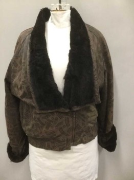 Womens, Leather Jacket, ANN II, Brown, Chocolate Brown, Leather, Fur, Novelty Pattern, B 42, Line and Circle Novelty Print, Chocolate Fur Lined, Shawl Collar, 1/4 Zip Front, Chocolate Fur Cuffs, 2 Pockets