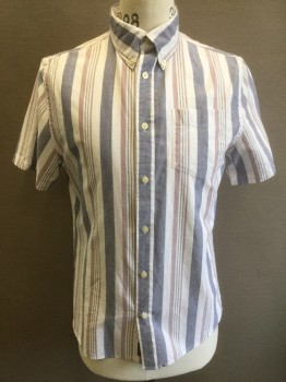 Mens, Casual Shirt, JACHS NEW YORK, White, Brick Red, Slate Blue, Cotton, Stripes - Vertical , S, White with Light Slate and Light Brick Vertical Striped Oxford Cloth, Short Sleeve Button Front, Collar Attached, Button Down Collar, 1 Pocket
