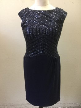 Womens, Cocktail Dress, RALPH LAUREN, Navy Blue, Polyester, Sequins, Geometric, Solid, B39, 12, W32, Bodice is Net with Multi Directional Chevron Stripes of Sequins, Sleeveless, Bateau/Boat Neck, Bottom is Solid Navy Poly Spandex, Knee Length