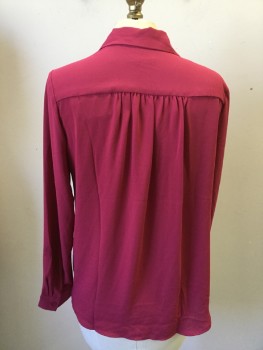 ANN TAYLOR, Raspberry Pink, Polyester, Solid, V-neck with Collar Attached, 1 HIdden Button Front, 2 Pockets with Flap, Long Sleeves, Curved Hem
