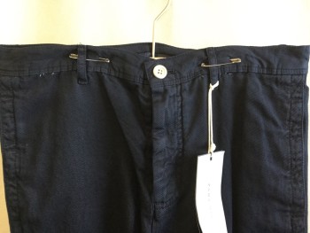 ZARA MAN, Navy Blue, Cotton, Polyester, Solid, 1.5" Waistband with Belt Hoops, Flat Front, Zip Front, 4 Pockets