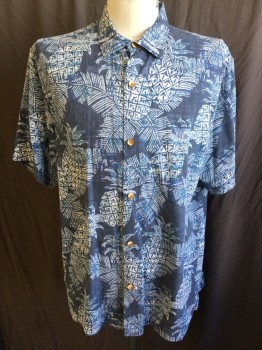 TOMMY BAHAMA , Blue, White, Lt Blue, Navy Blue, Silk, Tropical , Collar Attached, Button Front, Short Sleeves, Pinneapple and Palm Tree Pattern