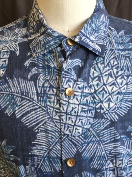 TOMMY BAHAMA , Blue, White, Lt Blue, Navy Blue, Silk, Tropical , Collar Attached, Button Front, Short Sleeves, Pinneapple and Palm Tree Pattern