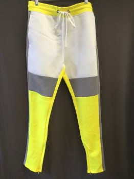 Mens, Sweatsuit Pants, REBEL MINDS, Neon Yellow, White, Gray, Polyester, Spandex, Solid, Color Blocking, S, Tracksuit, Drawstring Waist, 3 Pockets, Ankle Zip, Tapered, Pull On, Geometric Paneling
