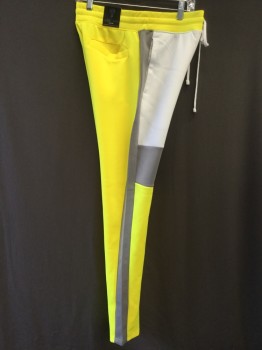 Mens, Sweatsuit Pants, REBEL MINDS, Neon Yellow, White, Gray, Polyester, Spandex, Solid, Color Blocking, S, Tracksuit, Drawstring Waist, 3 Pockets, Ankle Zip, Tapered, Pull On, Geometric Paneling