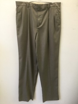 STAFFORD, Beige, Brown, Polyester, Rayon, 2 Color Weave, Double Pleated, Button Tab Waist, Zip Fly, 4 Pockets, Relaxed Leg