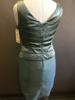 Womens, Cocktail Dress, ADRIANNA PAPELL, Sea Foam Green, Silk, Solid, 16, Double V-neck, Sleeveless, Mesh Netting Insets, Back Zip