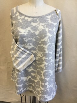 LANE BRYANT, Off White, Heather Gray, Polyester, Spandex, Floral, Stripes - Horizontal , Scoop Neck with Diagonal Gold Zipper @ Left Shoulder Front,  Horizontal Stripes 3/4 Sleeves and Back