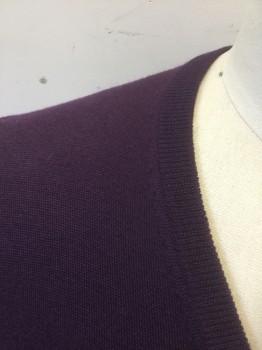 Mens, Sweater Vest, BROOKS BROTHERS, Aubergine Purple, Wool, Solid, L, Knit, Pullover, V-neck