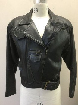 Mens, Leather Jacket, FOXRUN, Black, Leather, Solid, M, Motorcycle Jacket, Off Center Zip Front, 2 Pockets, Padded Shoulders, Self Belt Attached at Waist