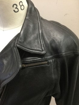 Mens, Leather Jacket, FOXRUN, Black, Leather, Solid, M, Motorcycle Jacket, Off Center Zip Front, 2 Pockets, Padded Shoulders, Self Belt Attached at Waist