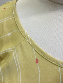 COLOR THREAD, Butter Yellow, White, Pink, Polyester, Stripes - Vertical , Dots, Chiffon, Short Raglan Sleeves, Scoop Neck, Peplum Waist with Self Tie Knot Detail at Center Front Waist, Elastic Waist
