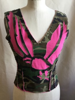 Womens, Top, LAUNDRY, Olive Green, Brown, Faded Black, Lt Olive Grn, Pink, Cotton, Camouflage, Animal Print, M, Deep V-neck with Black Hand Stiches, Pink Flying  Bird Inlay Front