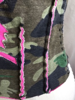 LAUNDRY, Olive Green, Brown, Faded Black, Lt Olive Grn, Pink, Cotton, Camouflage, Animal Print, Deep V-neck with Black Hand Stiches, Pink Flying  Bird Inlay Front