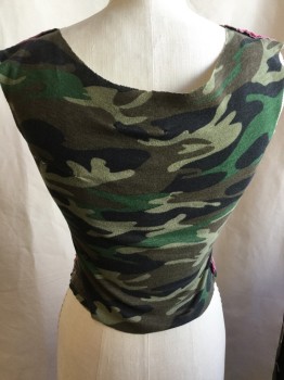 LAUNDRY, Olive Green, Brown, Faded Black, Lt Olive Grn, Pink, Cotton, Camouflage, Animal Print, Deep V-neck with Black Hand Stiches, Pink Flying  Bird Inlay Front
