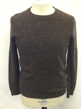 Mens, Pullover Sweater, A.P.C., Brown, Wool, Cashmere, Speckled, L, Crew Neck, Long Sleeves, Dark Brown with Orange/Cream/Gray Speckles, Ribbed Knit Neck/Waistband/Cuff