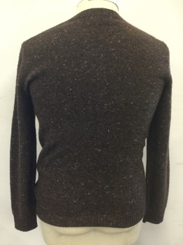 Mens, Pullover Sweater, A.P.C., Brown, Wool, Cashmere, Speckled, L, Crew Neck, Long Sleeves, Dark Brown with Orange/Cream/Gray Speckles, Ribbed Knit Neck/Waistband/Cuff