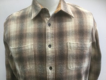 ST.JOHN'S BAY, Lt Brown, Brown, Beige, Cotton, Plaid, Shadow Plaid Pattern in Thick Flannel, Long Sleeve Button Front, Collar Attached, 2 Patch Pocket,  Well Worn Appearance