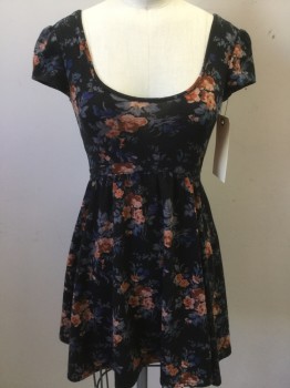Womens, Dress, Short Sleeve, KIMCHI BLUE, Faded Black, Brown, Peach Orange, Pink, Blue, Polyester, Spandex, Floral, XS, Scoop Neck, Cap Sleeves
