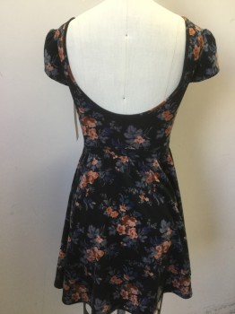 Womens, Dress, Short Sleeve, KIMCHI BLUE, Faded Black, Brown, Peach Orange, Pink, Blue, Polyester, Spandex, Floral, XS, Scoop Neck, Cap Sleeves