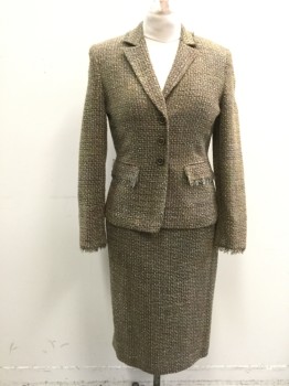 DRESS BARN, Brown, Avocado Green, Pink, Cream, Black, Acrylic, Cotton, Tweed, Single Breasted, Collar Attached, Notched Lapel, 2 Pockets, Fringe Collar/Pocket/Cuff, 3 Buttons