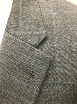 TOMMY HILFIGER, Gray, Dk Gray, Wool, Polyester, Grid , Gray with Dark Gray and Light Gray Streaked/Faint Grid Pattern, Single Breasted, Notched Lapel, 2 Buttons, 3 Pockets, Solid Dark Gray Lining