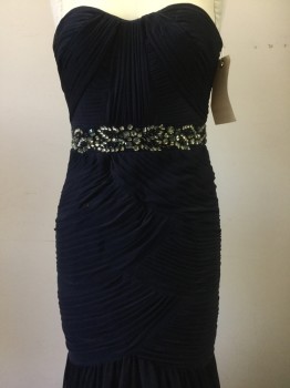 ADRIANNA PAPELL, Navy Blue, Silver, Synthetic, Solid, Navy, Accordion Pleated, Rhinestone Waist, Strapless