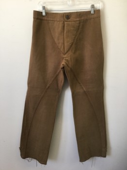 Mens, Historical Fiction Pants, N/L, Brown, Cotton, Solid, Ins:32, W:30, Canvas/Duck, Button Fly, No Pockets, Lightly Worn Throughout, Frayed/Unfinished Hems, Reproduction