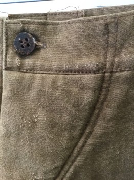 Mens, Historical Fiction Pants, N/L, Brown, Cotton, Solid, Ins:32, W:30, Canvas/Duck, Button Fly, No Pockets, Lightly Worn Throughout, Frayed/Unfinished Hems, Reproduction