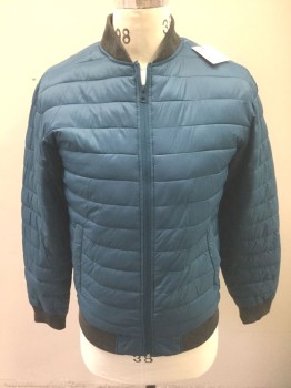Mens, Casual Jacket, ARIZONA, Blue, Gray, Nylon, Polyester, Solid, S, Blue Horizontally Quilted Nylon Puffer, Gray Rib Knit Neck, Cuffs and Waist, Zip Front