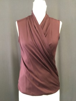 Womens, Shell, THEORY, Chocolate Brown, Silk, Elastane, Solid, XS, Cross Over Draped Wrap Style Shell, Sleeveless, Stretch Silk