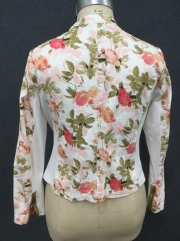 Womens, Casual Jacket, LANE BRYANT, White, Baby Pink, Olive Green, Pink, Cotton, Spandex, Floral, 16, Asymmetrical Zip Front, Band Collar with Snap Tab Closure, 3 Zip Pockets, Solid White Knit Undersleeve Panel and Side Panels, Zip Sleeve Openings