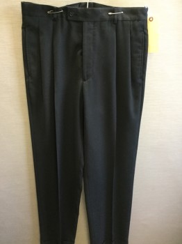 J FERRAR, Black, Wool, Polyester, Solid, Double Pleats, Zip Front, Button Tab, Belt Loops, 4 Pockets,