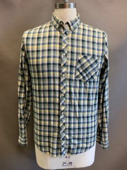 BEN SHERMAN, White, Blue, Black, Lt Yellow, Green, Cotton, Plaid, Button Front, Collar Attached, Button Down Collar, Long Sleeves, 1 Pocket