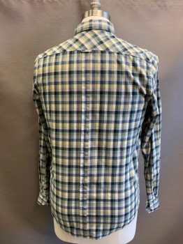 BEN SHERMAN, White, Blue, Black, Lt Yellow, Green, Cotton, Plaid, Button Front, Collar Attached, Button Down Collar, Long Sleeves, 1 Pocket