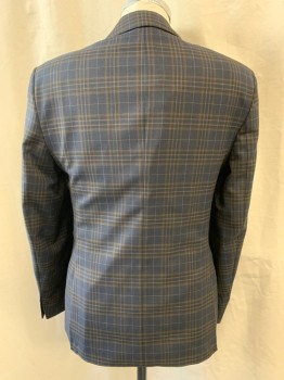 ZARA, Navy Blue, Brown, Gray, Black, Polyester, Plaid, Notched Lapel, Single Breasted, Button Front, 1 Button, 3 Pockets