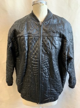 Mens, Leather Jacket, EAST SIDE, Black, Leather, Solid, 3XL, New York City Themed Quilting, Zip Front, Ribbed Leather Bomber Collar, Ribbed Leather Waistband/Cuff